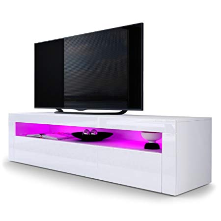 Vladon TV Stand Unit Valencia, Carcass in White matt/Front in White High Gloss a frame in White High Gloss