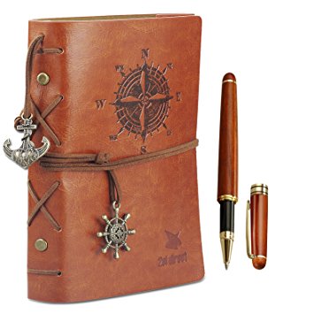 Leather Writing Journal Notebook with Rosewood Ballpoint Pen Set Boxed, 7" x 5" Embossed Refillable Vintage Nautical Spiral Blank String Daily Notepad & 0.7mm Rosewood Rollerball Pen (1 Extra Refill)