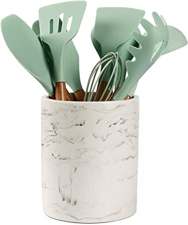 Kitchen Utensil Holder Utensil Crock for Countertop, Sturdy Resin Utility Spoon Caddy Flatware Chopstick Canister Utensil Organizer and Storage for Kitchen -White Marble Effect