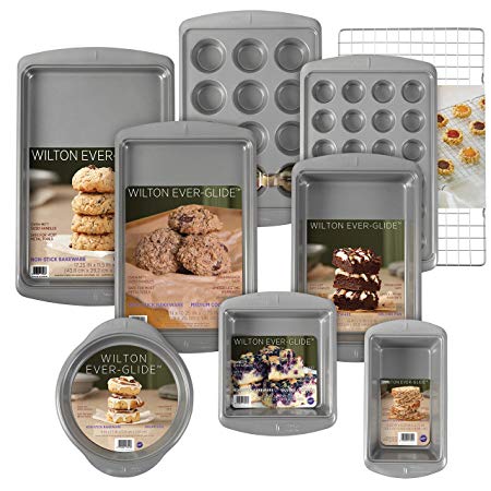 Wilton Ever-Glide Non-Stick Bakeware Set, 9-Piece - Loaf Pan, Oblong pan, 12-Cup Muffin Pan, Round and Square Cake Pans, Large Cookie Pan, Medium Cookie Pan, 24-Cup Mini Muffin Pan, Cooling Grid