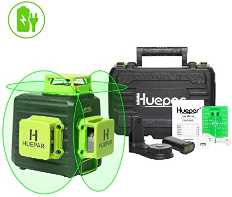 Huepar 3D Cross Line Self-leveling Laser Level 3 x 360 Green Beam Three-Plane Leveling and Alignment Laser Tool, Li-ion Battery with Type-C Charging Port & Hard Carry Case Included - B03CG Pro