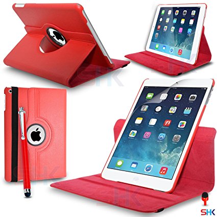 Apple iPad Air 360 Degree Rotating Red Smart Premium Leather Flip Wallet Stand Case Cover With Auto Sleep Wake Compatibility Big Touch Stylus Pen Screen Protector & Polishing Cloth   2 IN 1 RED Dust Stopper SVL6875 BY SHUKAN®, (PLAIN RED)