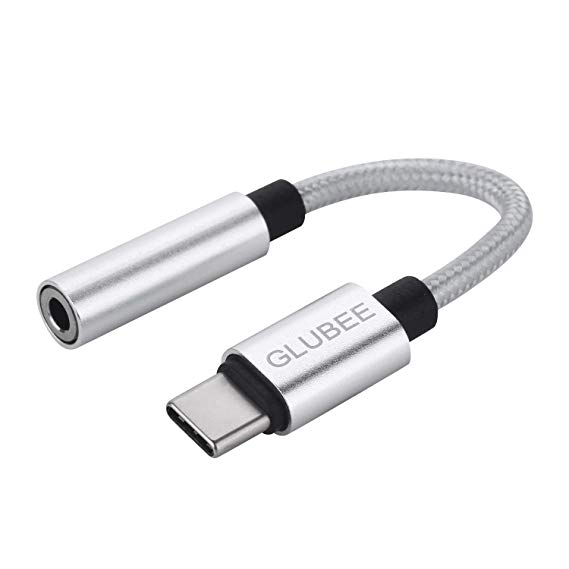 USB-C to 3.5mm Adapter - GLUBEE USB Type C to Audio Aux Cable Headphone Jack Braided Cord Hi-Res Adapter for iOS Pad Pro 2018 OnePlus 7 Pro Google Pixel 3 Galaxy S10 Mate 20 Pro and More (Silver)