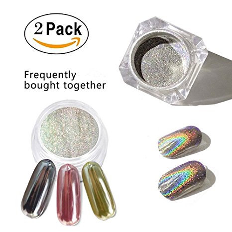 PrettyDiva Chrome Nail Powder, 2 Jar Silver Mirror Powder & Holographic Powder Pigment