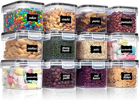 Vtopmart 0.8L Vorratsdosen Set, Müsli Schüttdose & Frischhaltedosen, BPA frei Kunststoff, luftdicht,Trockenfutterbehälter, Satz mit 12, 24 Etiketten für Getreide, Mehl, Zucker (Schwarz)