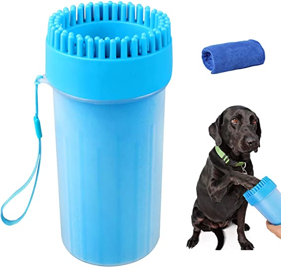 Soneer Dog Paw Cleaner,Portable Pet Paw Cleaner,Dog Foot Washer Massager,Comfortable Silicone Pet Cleaning Brush Cup with Towel for Dogs Cats Massage Grooming Dirty Claws (Blue)