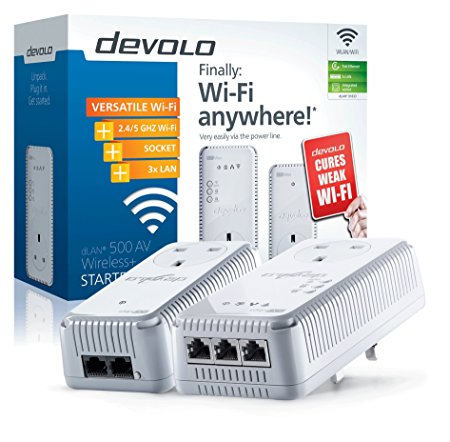 devolo dLAN 500 AV Wireless  Powerline Starter Kit (500 Mbps via Power Line, 300 Mbps Wi-Fi, 2 x PLC Homeplug Adapter, 3 x LAN Ports, WiFi Signal Booster, Wireless Range Extender, Wi-Fi Move) - White