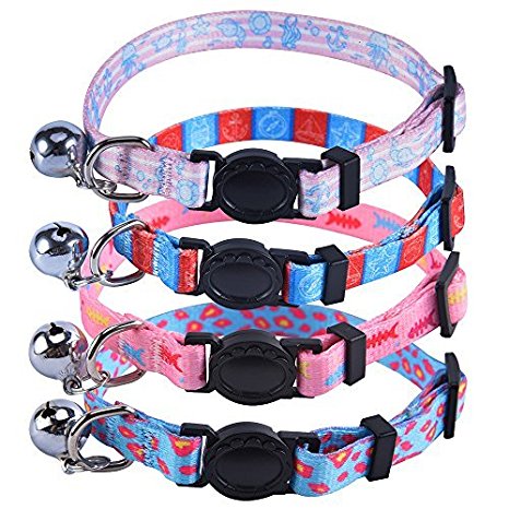 Adjustable Breakaway Cat Collars Set - with Bell Charm 4 Pcs Necklace for Kittens Small Dogs Different Marine Biological Motifs Design