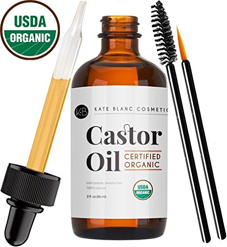 Castor Oil (2oz), USDA Certified Organic, 100% Pure, Cold Pressed, Hexane Free by Kate Blanc. Stimulate Growth for Eyelashes, Eyebrows, & Hair. Skin Moisturizer. FREE Starter Kit. 1-Year Guarantee.