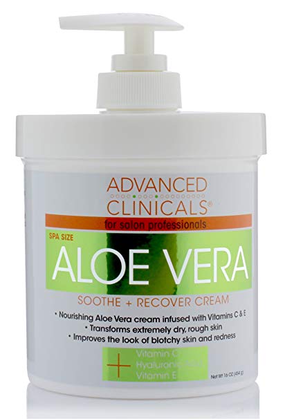 16oz Advanced Clinicals Aloe Vera Cream. Aloe Vera with Vitamin C, Hyaluronic Acid and Vitamin E cream for dry, rough skin, and redness. Large spa size 16oz cream with pump.