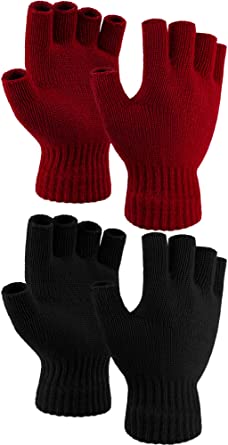 Cooraby 2 Pairs Thickened Cashmere Warm Half Finger Gloves Winter Knitted Fingerless Gloves for Men and Women