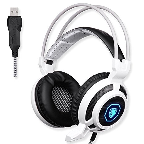 SADES SA905 USB PC Gaming Headset Headphones with Microphone Mild Vibration and LED Light (Black and White)