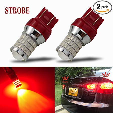 iBrightstar Newest 9-30V Flashing Strobe Blinking Brake Lights 7440 7443 T20 LED Bulbs with Projector replacement for Tail Brake Stop Lights, Brilliant Red
