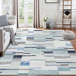 Modern Rug Washable Area Rugs 8x10 Rug for Living Room Abstract Geometric Rug Large Rug Bedroom Decor Soft Non Slip Throw Rugs Stain Resistant Low Pile Carpet Blue 8'x10'