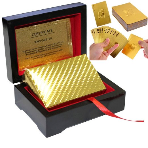 LLF 24K Gold-Foil Plated Playing Cards Poker Table Games With One Elegant Wooden Gift Box (With Solid Black Wooden Box)