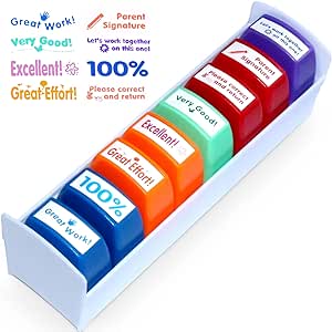 Mearun Solar Teacher Stamps, Plastic, Self-Inking Homework Encouraging Grading Stamp Teacher Supplies Set, Efficient Helper for Teachers (Set of 8)