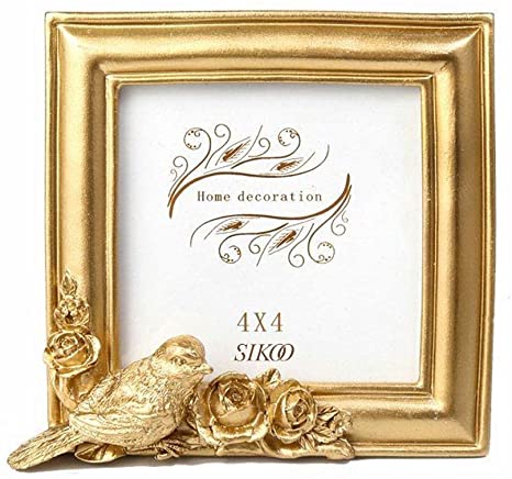 SIKOO Vintage Golden Bird Picture Frame Antique Table Top Wall Hanging Photo Frame with Glass Front for Home Decor (4x4 Square)