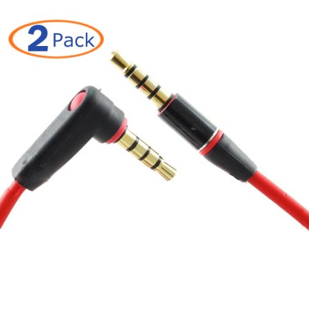 Conwork 2-Pack 3.5mm Audio Extension Cable Male to Male 4-Conductor TRRS Stereo [Gold Plated Connectors] 90 Degree Right Angle for iPhone, iPad or Smartphones, Tablets, Media Players, 4ft -Red