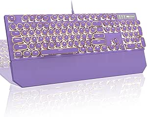 MageGee Typewriter Mechanical Gaming Keyboard, Retro Purple Punk Round Keycap LED White Backlit Wired Keyboard with Detachable Wrist Rest for Game and Office, for Windows Laptop PC, Blue Switches