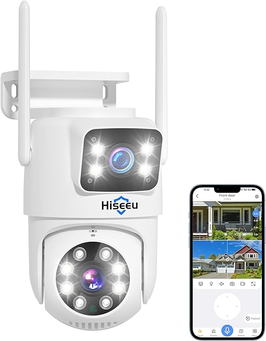 Hiseeu Wireless Security Camera Dual Lens Linkage 5G/2.4G WiFi Bluetooth PTZ Camera Outdoor IP65 Waterproof Motion Tracking Color Night Version No-Fees Wroks with Alexa/Wireless Camera System