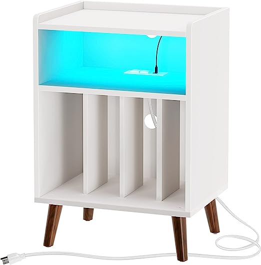 Rolanstar End Table with Charging Station, Record Player Stand with LED Lights, Nightstand with Storage Shelf, Mid-Century Record Storage for Living Room,Bedroom - White