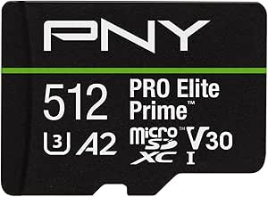 PNY 512GB PRO Elite Prime™ C10 U3 V30 A2 microSDXC Flash Memory Card – Ultra-Fast Speeds, Read 200MB/s, Write 150MB/s, 4K UHD, Full HD, UHS-I, for Smartphones, Drones, Action Cameras