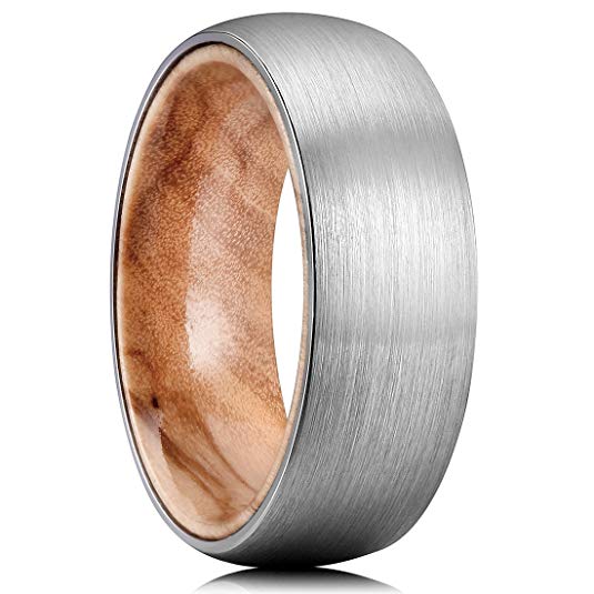 King Will Nature 8mm Men's Tungsten Carbide Ring Brushed Dome Wedding Band with Wood Inner Comfort Fit