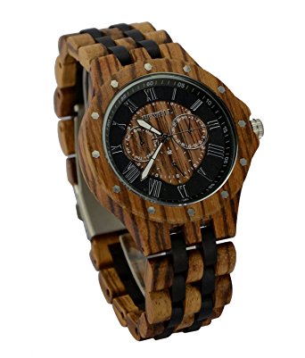Ideashop Date Time Week 24 Hours Zebrawood Watches QUARTZ Wood Watch with Night Visual Gift for Men