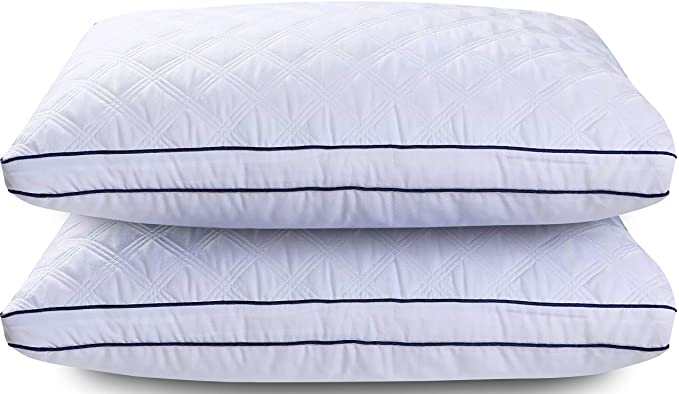 Lux Decor Collection Gusseted Quilted Bed Pillows - Set of 2 Premium Bed Pillows for Side Sleepers and Back Sleepers - 2 Pack (Queen Size, Navy Blue Grey Piping)
