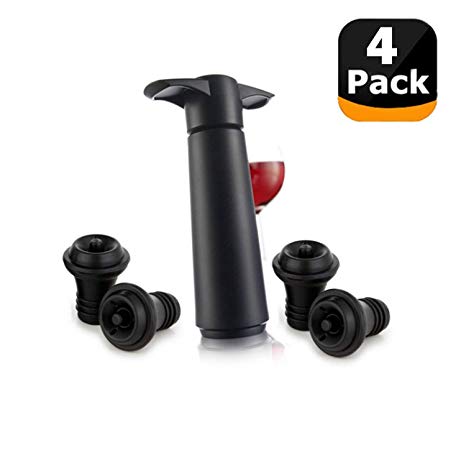 Wine Saver Pump Preserver with 4 Vacuum Bottle Stoppers,Original United Saver with Reusable Rubber Stoppers - Black