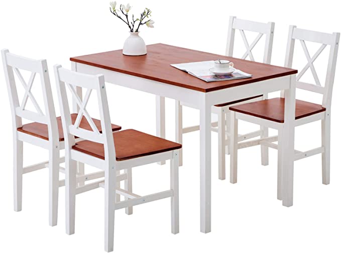 Mecor 5-Piece Wood Dining Table Set, Pine Wood Kitchen Table w/ 4 Chairs Solid Pine Wood Frame for Home Kitchen Breakfast Furniture