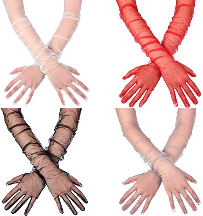 4 Pairs Women's Long Tulle Gloves Sheer Wedding Bridal Gloves Elbow Length Opera Party Gloves