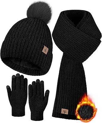 Winter Warm Hat Scarf and Touch Screen Gloves Set, Knitted Pom Beanie Hat Neck Warmer Long Scarf Winter Gloves for Women Men