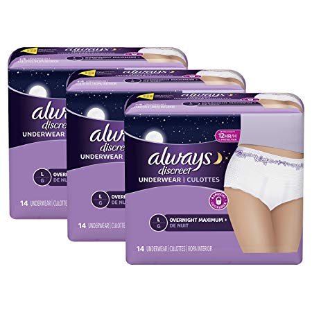 Always Discreet Incontinence & Postpartum Underwear for Women, Disposable, Overnight Maximum   Protection, Large, 14 Count - Pack of 3 (42 Count Total)