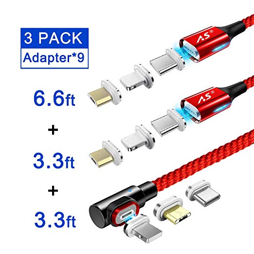 GenX Magnetic Phone Charger Cable, Nylon Braided 3 in 1 Max 3.0A Fast Charging & Data Sync LED Magnetic Cable (Red)