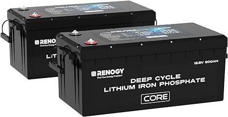 Renogy 12V 200Ah Lithium LiFePO4 Deep Cycle Battery, 5000 Deep Cycles, 200A BMS, FCC&UL Certificates, Backup Power for Trolling motor, Cabin,Marine, Off-Grid Home Energy Storage-Core Series 2 Pack