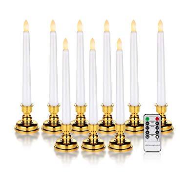 Homemory 7.9" Flameless Taper Candles with Candlesticks - Pack of 9, Battery Operated LED Window Candles with Remote and Timers, Warm White Flickering Light, Last for 150  Hours