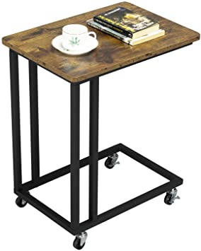 Yaheetech Coffee Table Side Table C-Shaped End Table, Bed Laptop Table with Metal Frame and Rolling Castors for Livingroom, Bedroom, Balcony, Rustic Brown