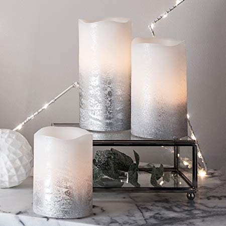 Lights4fun, Inc. Set of 3 Silver Real Wax Battery Operated Flameless LED Pillar Candles