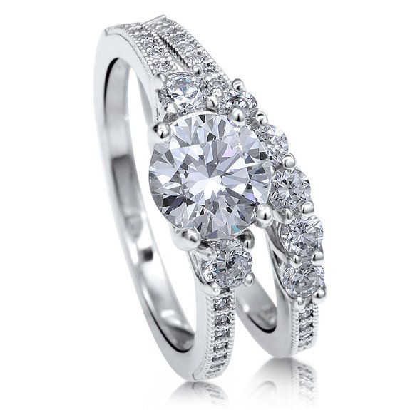 BERRICLE Sterling Silver 1.95 ct.tw Round Cubic Zirconia CZ 3 Stone Engagement Wedding Ring Set