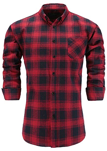 Emiqude Men's 100% Flannel Cotton Slim Fit Long Sleeve Button Down Plaid Dress Shirt