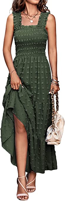 MASCOMODA Womens Boho Sleeveless Smocked Maxi Dress Solid Shoulder Strap Swiss Dot Tank A-Line Swing Party Tiered Sundress