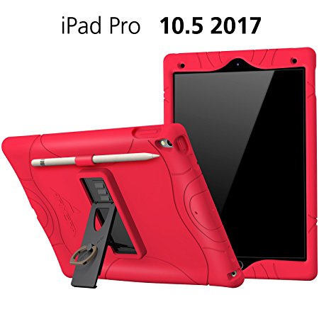 Armera iPad Pro 10.5 Rugged Case Cover with Pencil Holder, built-in Stand and Finger Ring, Heavy Duty Kids Safe Protection Silicone for Apple iPad Pro 10.5 (2017) (Red)