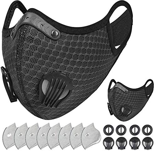 SKYLMW Face Mask,Reusable Washable Outdoor Mouth 2 Covers with 8 Filters Pads 4 Pieces Breathing Valves for Training Exercise Workout Running Sports for Men/Women/Adult,Black