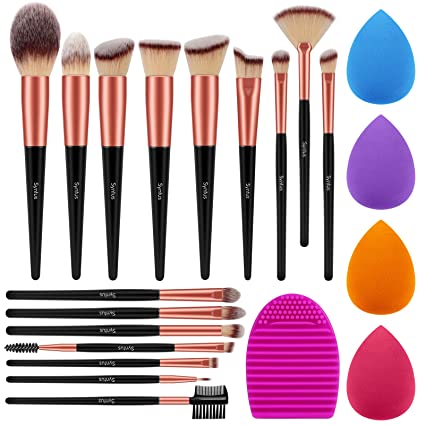 Syntus Makeup Brush Set, 16 Makeup Brushes & 4 Blender Sponges & 1 Brush Cleaner Premium Synthetic Foundation Powder Kabuki Blush Concealer Eye Shadow Makeup Brush Kit, Black Golden