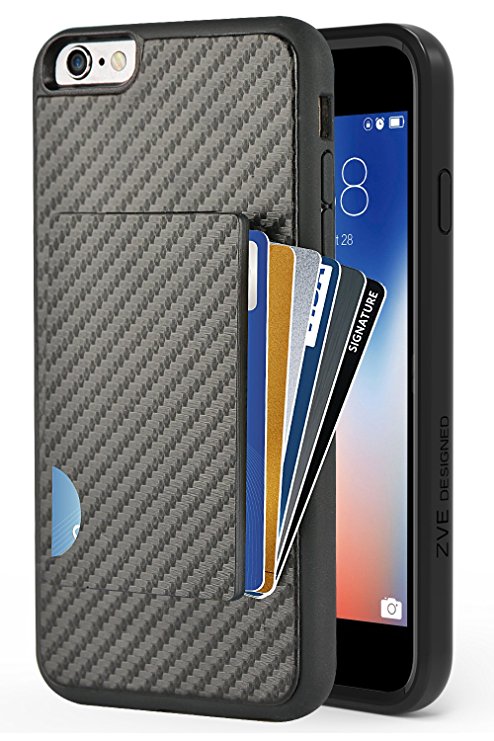 iPhone 6 Plus Wallet Case, iPhone 6S Plus Card Holder Case, ZVE Credit Card Grip Cover with Carbon Fiber Design Slim Wallet Protective Case for Apple iPhone 6 Plus and iPhone 6S Plus 5.5'' Black