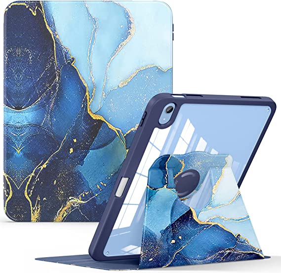 Soke Rotating Case for iPad 10th Generation 10.9-Inch 2022 with Pencil Holder - 360 Degree Rotate Stand Protective Case with Clear Back & Smart Sleep/Wake Cover - Ocean Marble