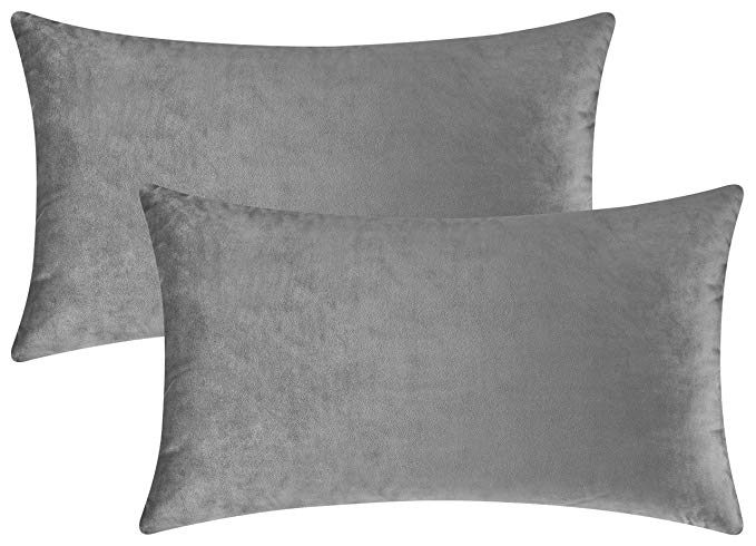 Mixhug Set of 2 Cozy Velvet Rectangle Decorative Throw Pillow Covers for Couch and Bed, Grey, 12 x 20 Inches