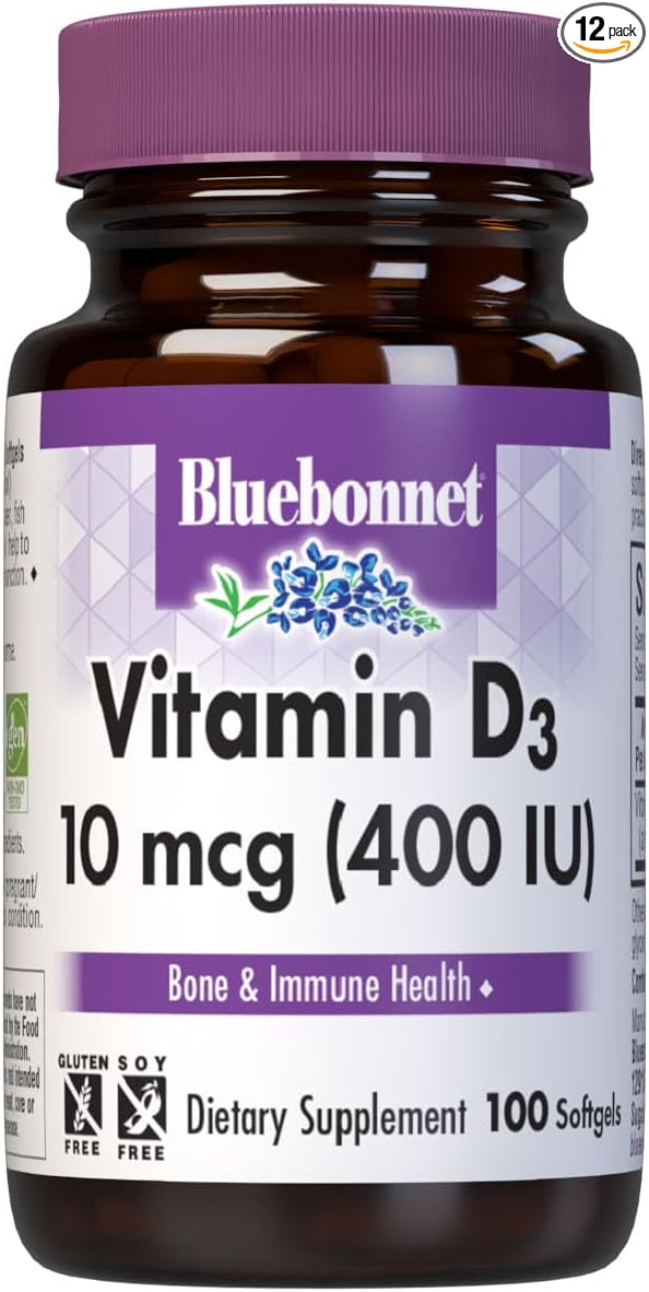Bluebonnet Nutrition Vitamin D3 400 IU Softgels, Aids in Muscle and Skeletal Growth, Cholecalciferol from Fish Oil, Non GMO, Gluten Free, Soy Free, Dairy Free, 100 Softgels