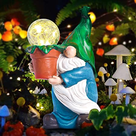 Gnome Garden Decorations with Solar Powered Light, Resin Gnome Garden Figurine for Outdoor, 9.5in Patio Lawn Yard Decor.